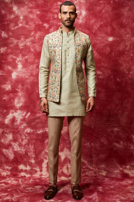 Qbik_Green Chanderi Silk Bundi Kurta Set _Online_at_Aza_Fashions