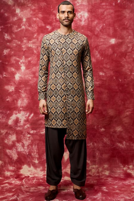 Qbik Brown Cotton Viscose Printed Kurta Set 