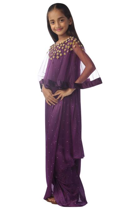 Kommal Sood_Purple Chiffon, Net Embellished Dress With Cape_Online_at_Aza_Fashions