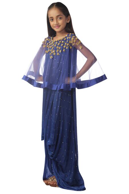 Kommal Sood_Blue Chiffon, Net Embroidery Embellished Dress With Cape_Online_at_Aza_Fashions