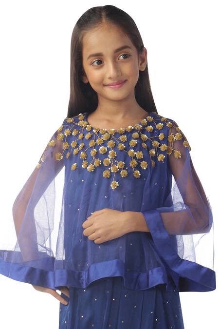 Buy_Kommal Sood_Blue Chiffon, Net Embroidery Embellished Dress With Cape_Online_at_Aza_Fashions