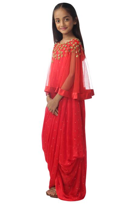 Kommal Sood_Red Net Embroidery Embellished Dress With Cape_Online_at_Aza_Fashions