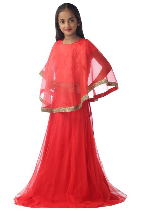 Kommal Sood_Red Organza, Net, Lace Embroidery Embellished Lehenga Set With Cape_Online_at_Aza_Fashions