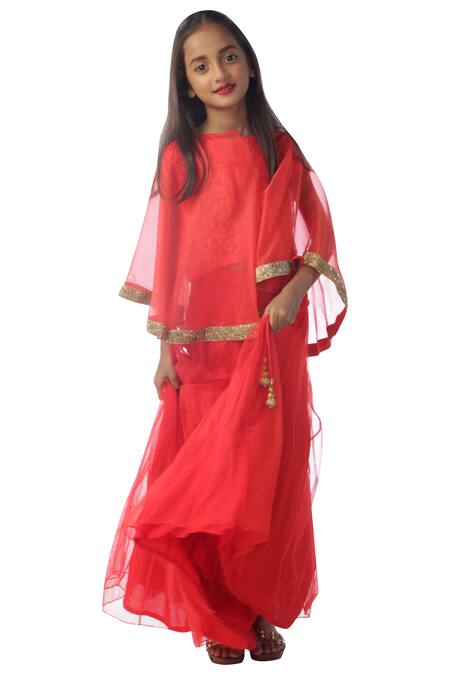 Buy_Kommal Sood_Red Organza, Net, Lace Embroidery Embellished Lehenga Set With Cape_Online_at_Aza_Fashions