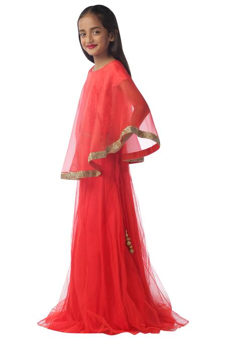 Shop_Kommal Sood_Red Organza, Net, Lace Embroidery Embellished Lehenga Set With Cape_Online_at_Aza_Fashions
