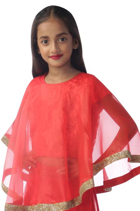 Kommal Sood_Red Organza, Net, Lace Embroidery Embellished Lehenga Set With Cape_at_Aza_Fashions