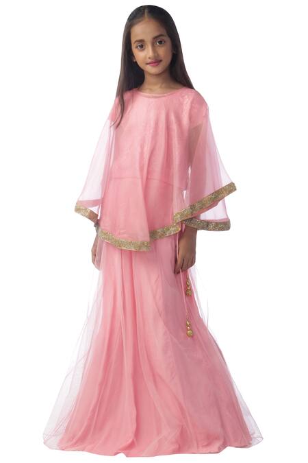 Buy_Kommal Sood_Pink Organza, Net, Lace Embroidery, Sequins Embellished Lehenga Set With Cape_Online_at_Aza_Fashions