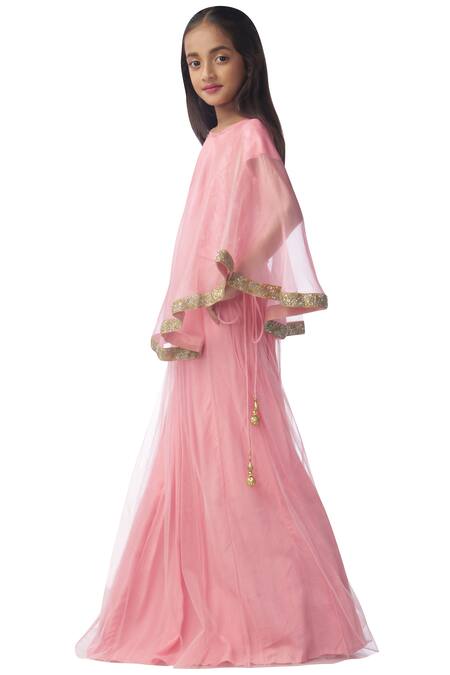 Shop_Kommal Sood_Pink Organza, Net, Lace Embroidery, Sequins Embellished Lehenga Set With Cape_Online_at_Aza_Fashions