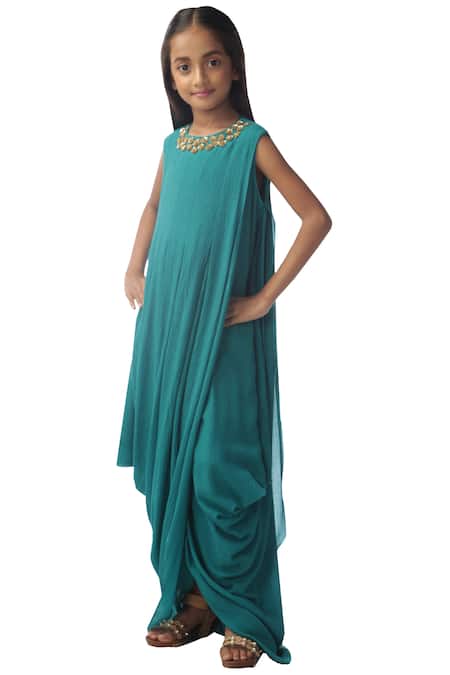 Kommal Sood_Green Chiffon Embroidery Draped Maxi Dress_Online_at_Aza_Fashions