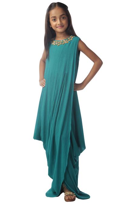 Buy_Kommal Sood_Green Chiffon Embroidery Draped Maxi Dress_Online_at_Aza_Fashions