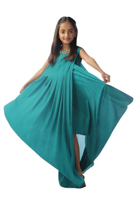 Shop_Kommal Sood_Green Chiffon Embroidery Draped Maxi Dress_Online_at_Aza_Fashions