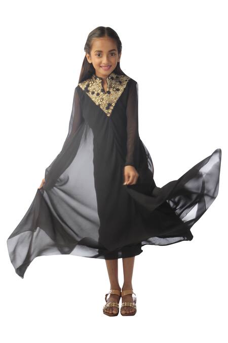 Kommal Sood_Black Georgette Embroidery, Piping Asymmetric Layered Dress_Online_at_Aza_Fashions