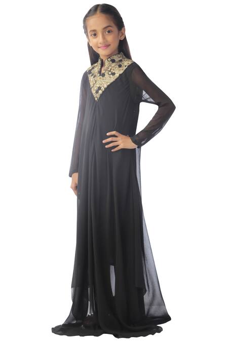 Buy_Kommal Sood_Black Georgette Embroidery, Piping Asymmetric Layered Dress_Online_at_Aza_Fashions
