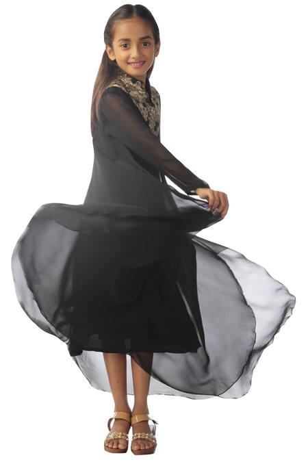 Shop_Kommal Sood_Black Georgette Embroidery, Piping Asymmetric Layered Dress_Online_at_Aza_Fashions