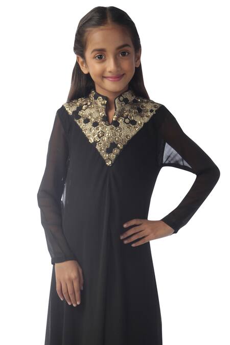 Kommal Sood_Black Georgette Embroidery, Piping Asymmetric Layered Dress_at_Aza_Fashions