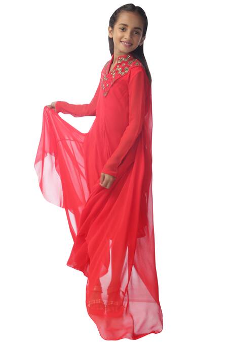 Buy_Kommal Sood_Red Georgette Embroidery, Piping Asymmetric Layered Dress_Online_at_Aza_Fashions