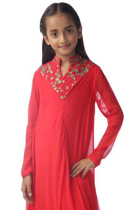 Kommal Sood_Red Georgette Embroidery, Piping Asymmetric Layered Dress_at_Aza_Fashions