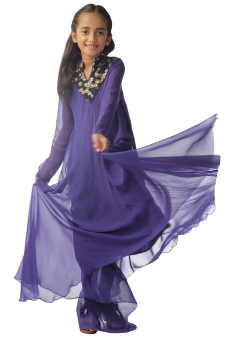 Kommal Sood_Purple Georgette Embroidery Asymmetric Layered Dress_Online_at_Aza_Fashions