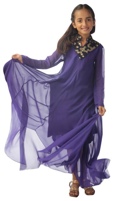 Buy_Kommal Sood_Purple Georgette Embroidery Asymmetric Layered Dress_Online_at_Aza_Fashions