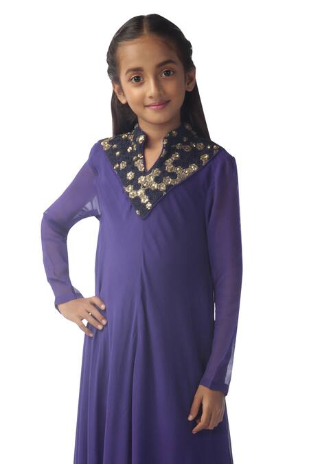 Kommal Sood_Purple Georgette Embroidery Asymmetric Layered Dress_at_Aza_Fashions