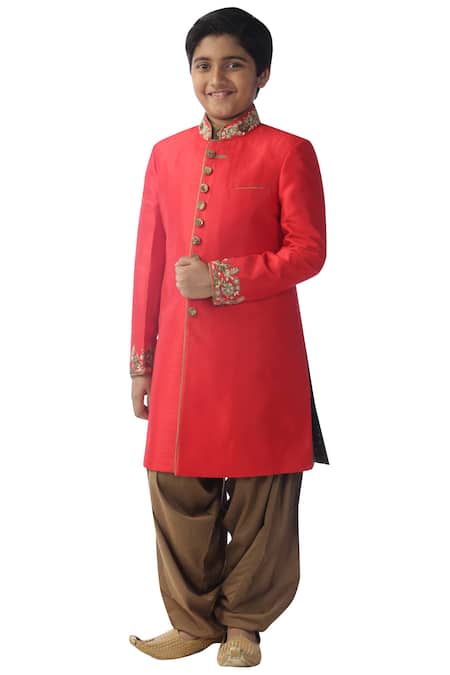 Kommal Sood_Red Cotton, Silk Embroidery Sherwani Kurta Set_Online_at_Aza_Fashions