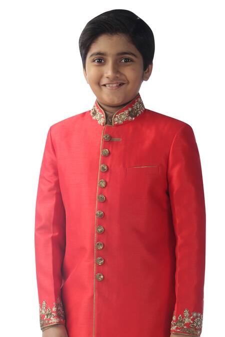 Buy_Kommal Sood_Red Cotton, Silk Embroidery Sherwani Kurta Set_Online_at_Aza_Fashions