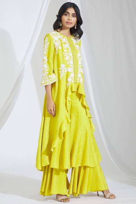 Manish Malhotra_Yellow Dupion Crepe Embroidered Kurta Sharara Set_Online_at_Aza_Fashions