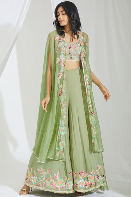 Manish Malhotra Green Georgette Embroidered Cape Pant Set