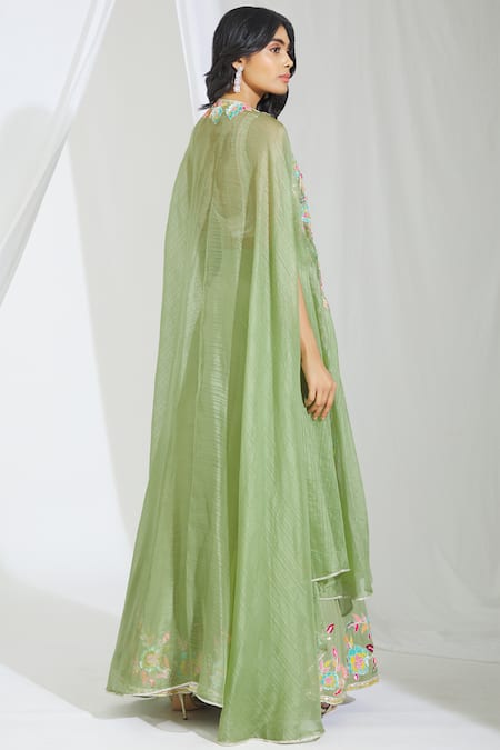 Shop Manish Malhotra Green Georgette Embroidered Cape Pant Set at Aza Fashions Shop_Manish Malhotra_Green Georgette Embroidered Cape Pant Set_at_Aza_Fashions