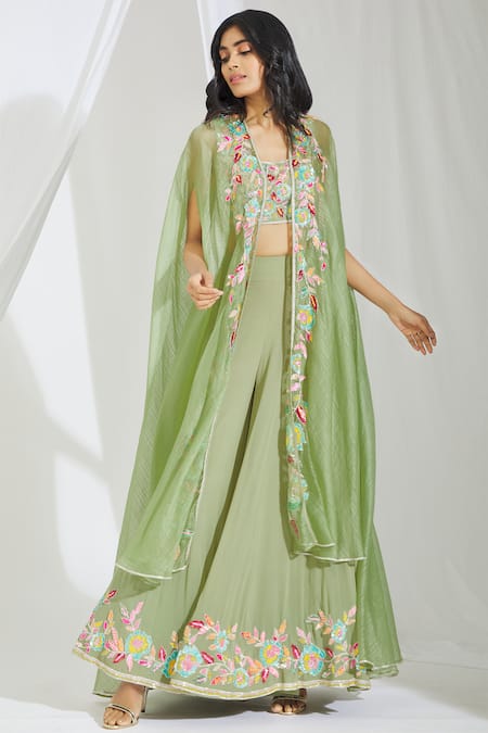Manish Malhotra Green Georgette Embroidered Cape Pant Set Online at Aza Fashions Manish Malhotra_Green Georgette Embroidered Cape Pant Set_Online_at_Aza_Fashions