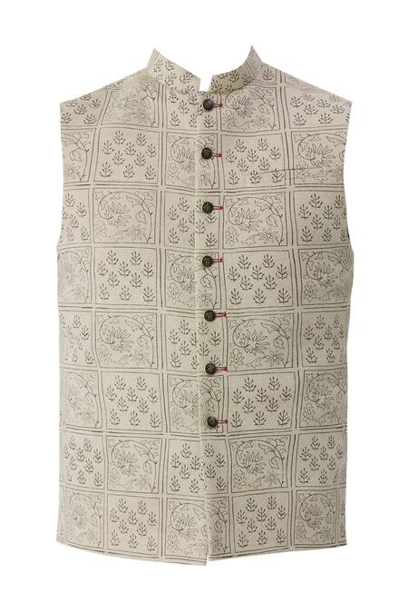 Gaurav Katta_Beige Linen Block Print Bundi _Online_at_Aza_Fashions
