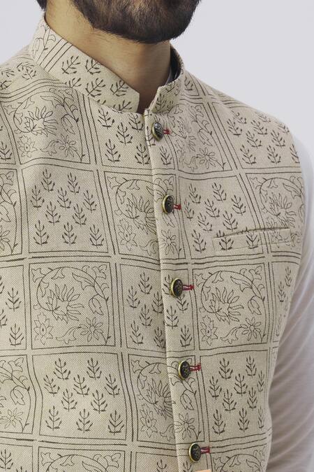Gaurav Katta_Beige Linen Block Print Bundi _at_Aza_Fashions