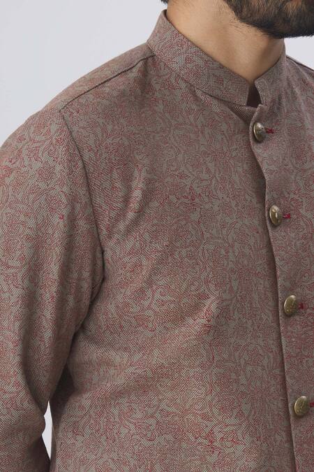 Gaurav Katta_Brown Cotton Block Print Bandhgala _at_Aza_Fashions