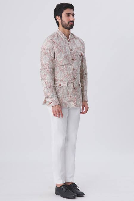 Gaurav Katta_Peach Cotton Block Print Bandhgala _Online_at_Aza_Fashions