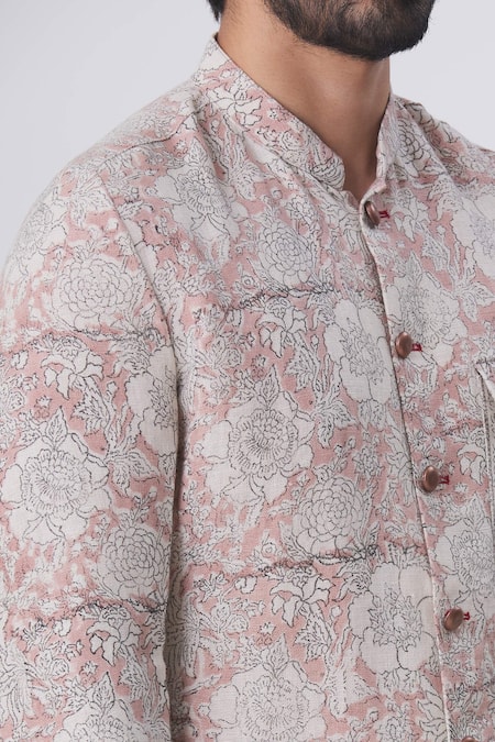 Gaurav Katta_Peach Cotton Block Print Bandhgala _at_Aza_Fashions