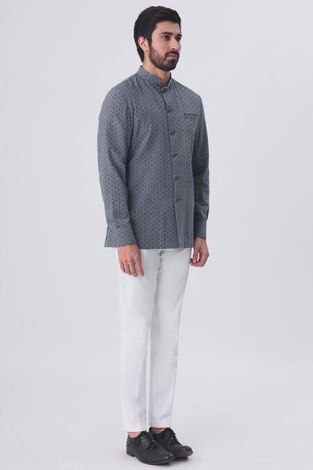 Gaurav Katta Grey Cotton Block Print Bandhgala Online at Aza Fashions Gaurav Katta_Grey Cotton Block Print Bandhgala _Online_at_Aza_Fashions