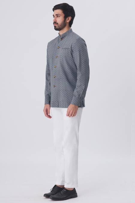 Buy Gaurav Katta Grey Cotton Block Print Bandhgala Online at Aza Fashions Buy_Gaurav Katta_Grey Cotton Block Print Bandhgala _Online_at_Aza_Fashions