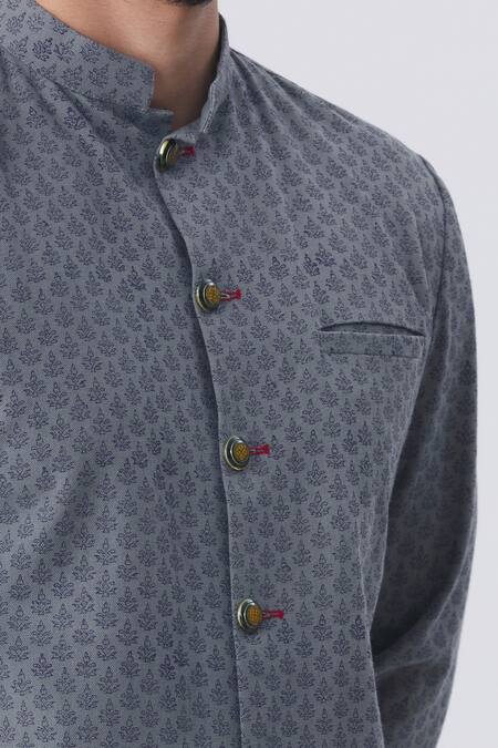 Gaurav Katta Grey Cotton Block Print Bandhgala at Aza Fashions Gaurav Katta_Grey Cotton Block Print Bandhgala _at_Aza_Fashions