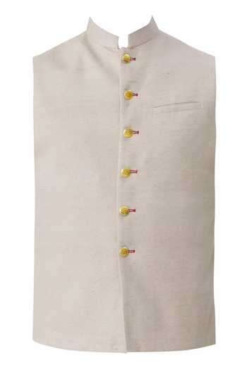 Buy_Gaurav katta_Beige Handloom Silk Nehru Jacket _Online_at_Aza_Fashions