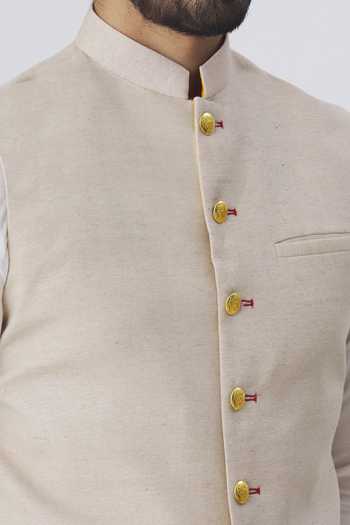 Gaurav katta_Beige Handloom Silk Nehru Jacket _at_Aza_Fashions