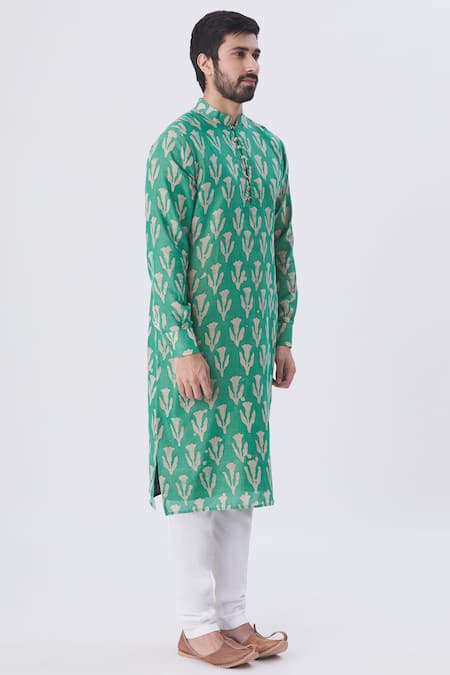 Gaurav Katta_Green Handloom Cotton Batik Print Kurta_Online_at_Aza_Fashions