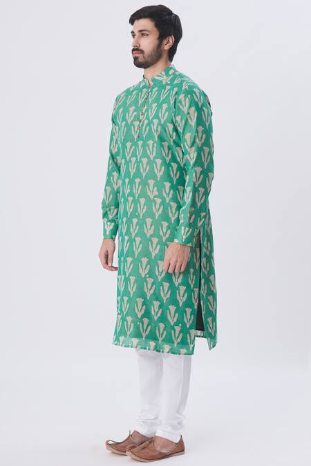 Buy_Gaurav Katta_Green Handloom Cotton Batik Print Kurta_Online_at_Aza_Fashions