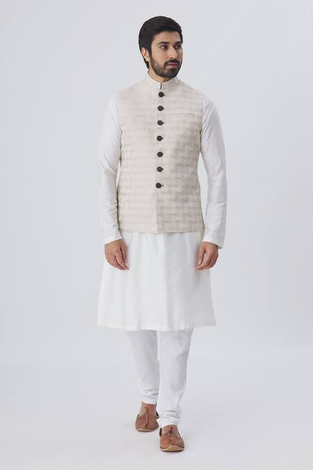 Gaurav Katta_Beige Silk Bundi _Online_at_Aza_Fashions