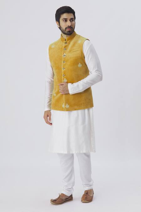 Gaurav Katta_Yellow Velvet Embroidered Bundi _Online_at_Aza_Fashions