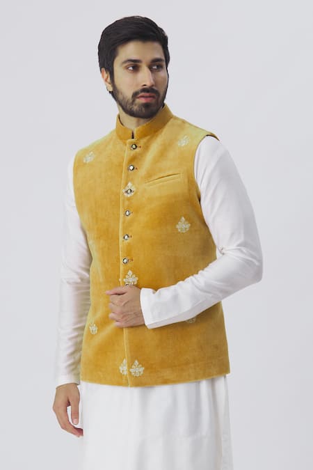 Gaurav Katta Yellow Velvet Embroidered Bundi