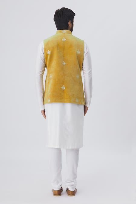 Shop_Gaurav Katta_Yellow Velvet Embroidered Bundi _at_Aza_Fashions