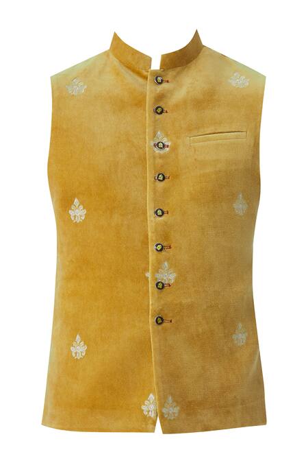 Buy_Gaurav Katta_Yellow Velvet Embroidered Bundi _Online_at_Aza_Fashions