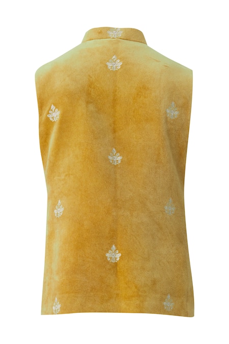 Shop_Gaurav Katta_Yellow Velvet Embroidered Bundi _Online_at_Aza_Fashions