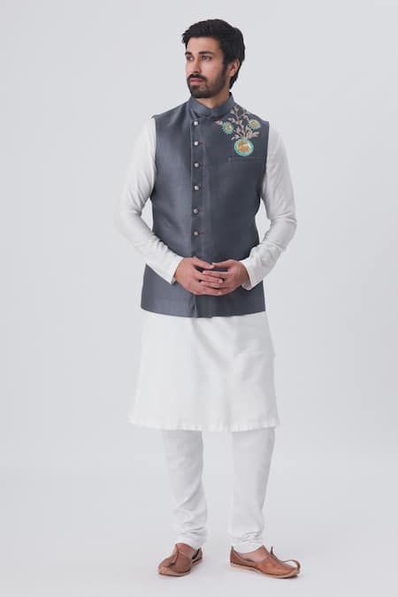 Gaurav Katta_Grey Italian Cotton Embroidered Bundi _Online_at_Aza_Fashions