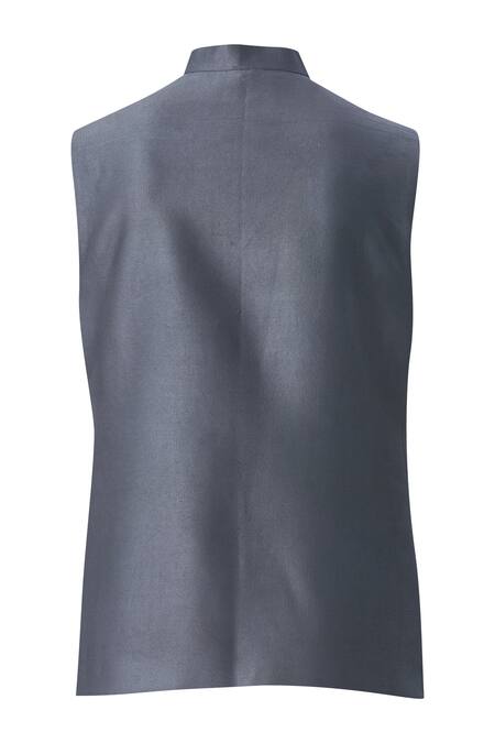 Shop_Gaurav Katta_Grey Italian Cotton Embroidered Bundi _Online_at_Aza_Fashions